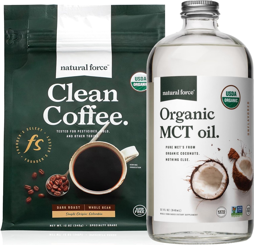 Natural Força Orgânica Assada escura Limpo Café + Orgânico MCT Oil Bundle – 100% puro Coco MCTs & Molde & Micotoxina Café gratuito – Não-GMO, Keto, Paleo, e Vegan - 12 Oz e 32 Oz