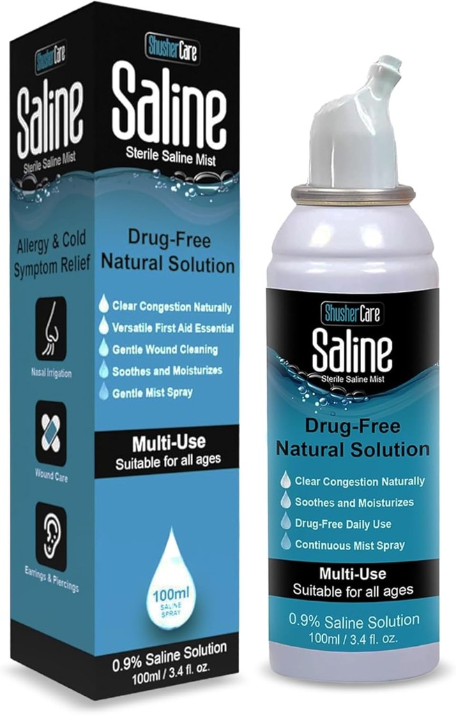 Solução Salina Spray para Nariz - Solução Salina Pulverização Nasal para recém-nascido, Bebê e Adultos, Água Salina Descongestionante Mist para Nariz Recheado, Viajar amigável, Natural, 0,9% Salina - 100 ml (3,4 fl oz)