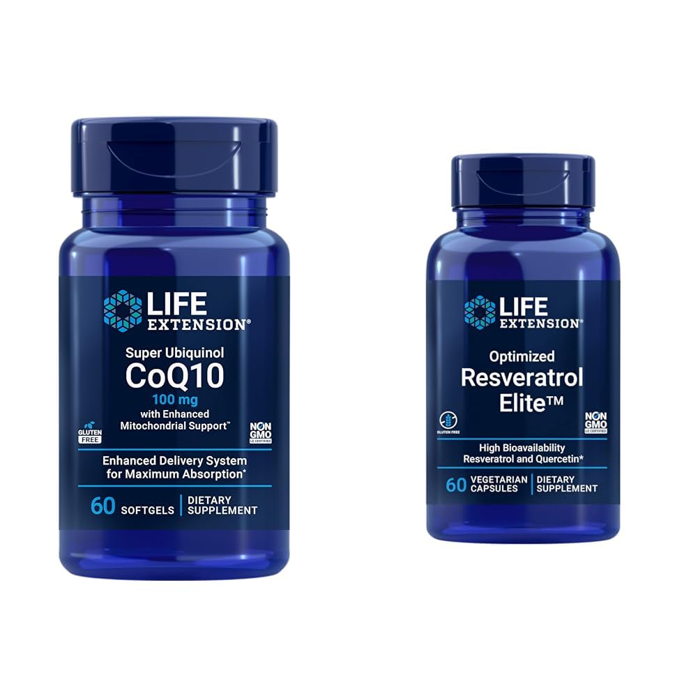 Extensão de vida Super Ubiquinol CoQ10 60 Softgels e Resveratrol otimizado Elite 60 Cápsulas Vegetarianas Bundle