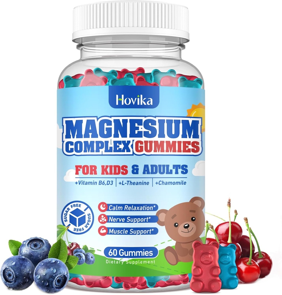 Kids Magnesium Gummies - Magnesium Glycinate Citrato Chewable Supplement with Vitamina B6, D3, Passion Flower, L-theanina - Sugar Free Calm Magnesium for Kids & Adults Sleep, Mood, Relaxation, 60 Chews