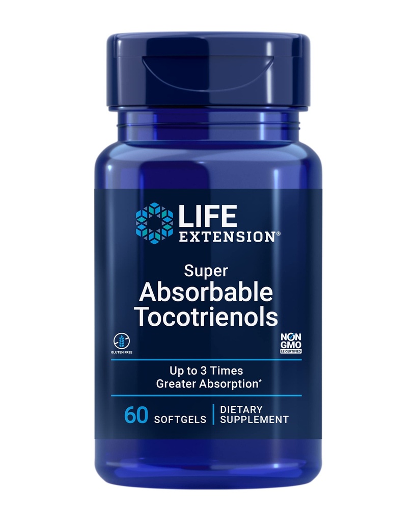 Extensão de vida Super tocotrienols absorvíveis, Vitamina E como D-Alpha tocoferol, Tocotrienols mistos, Apoio ao crescimento do cabelo, Função cerebral, Sem glúten, Não-GMO, 60 softgels