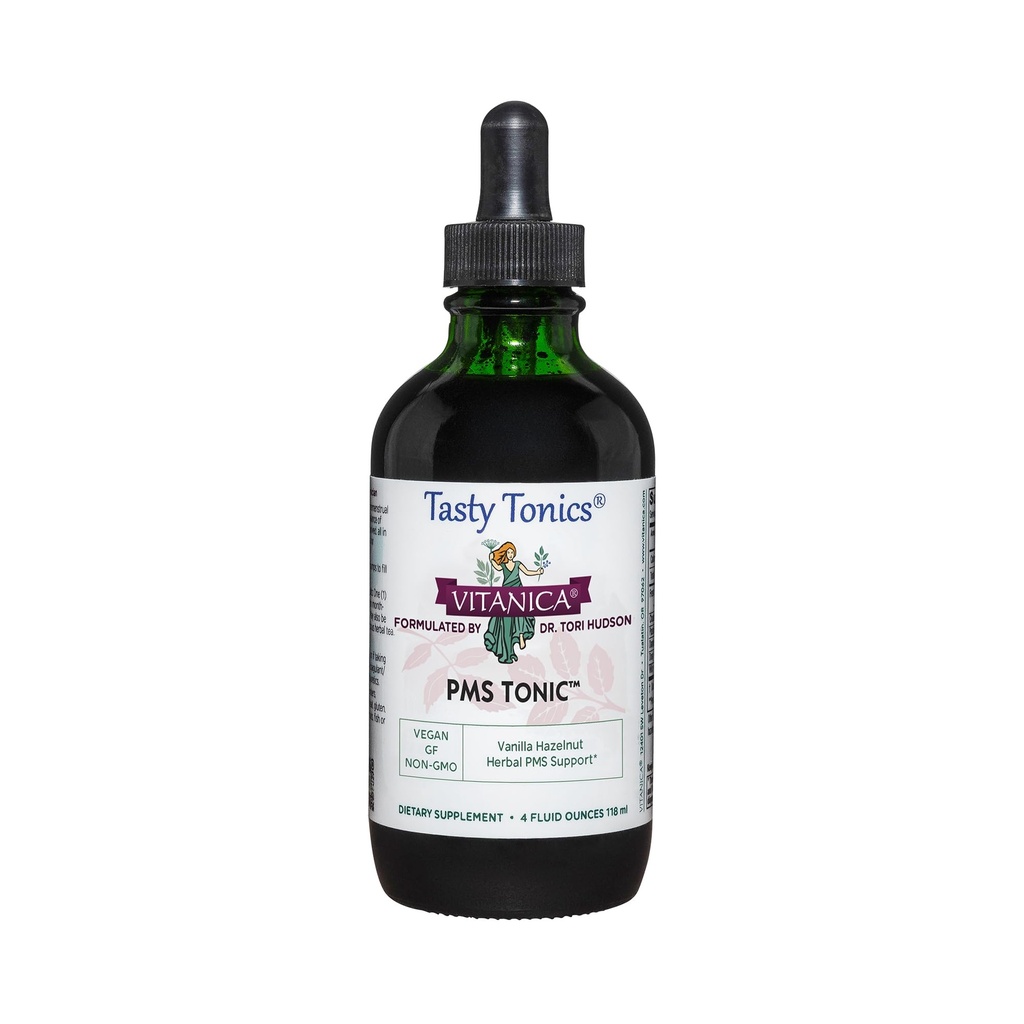 Vitanica PMS tônica, Apoio pré-menstrual e alívio, Saint Johns Wort, Dong Quai, Chaste Tree Berry, Yam selvagem e mais, Vegan, 4 Ounce