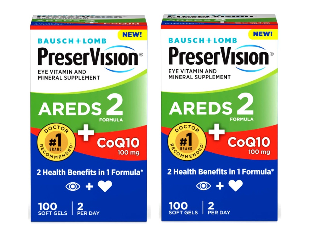 PreserVision Eye Vitamina & Suplemento Mineral AREDS 2 Fórmula + CoQ10, 2 em-1 Benefícios de Saúde, 100 Softgels (2 por dia) Pacote de 2