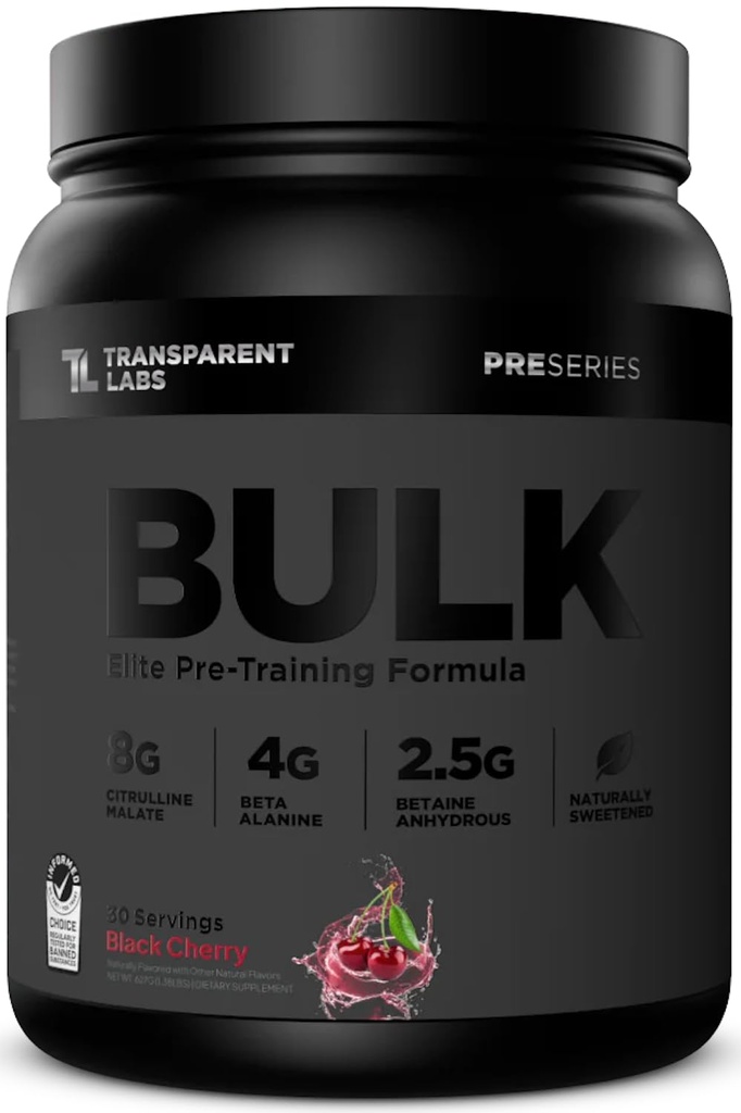 Transparent Labs Bulk Black Pre Treino - Clinicamente Posado, Açúcar Free Pré-treino para homens e mulheres com Beta Alanine Pó, Citrulina Malate, & Cafeína - 30 Servings, Black Cherry