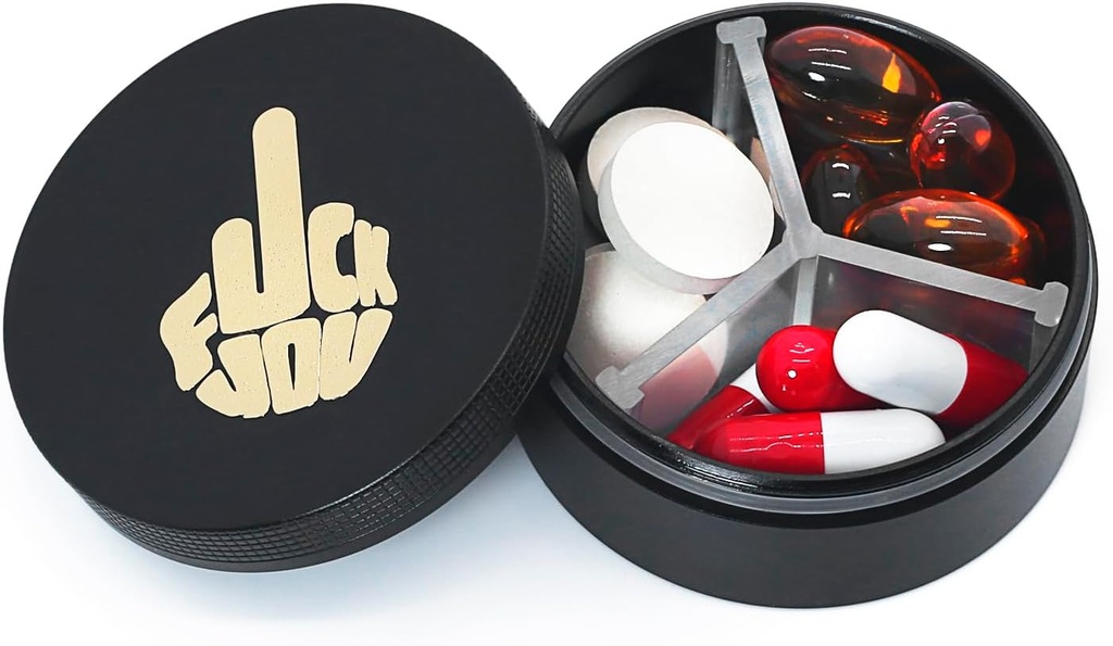 Pequeno caso de comprimido 3 Compartimentos, Metal Round Portable Pill Box, Organizador de pílulas de viagem impermeável, Pocket Purse Medicine Vitamina Holder EDC Container (Preto com dedo)