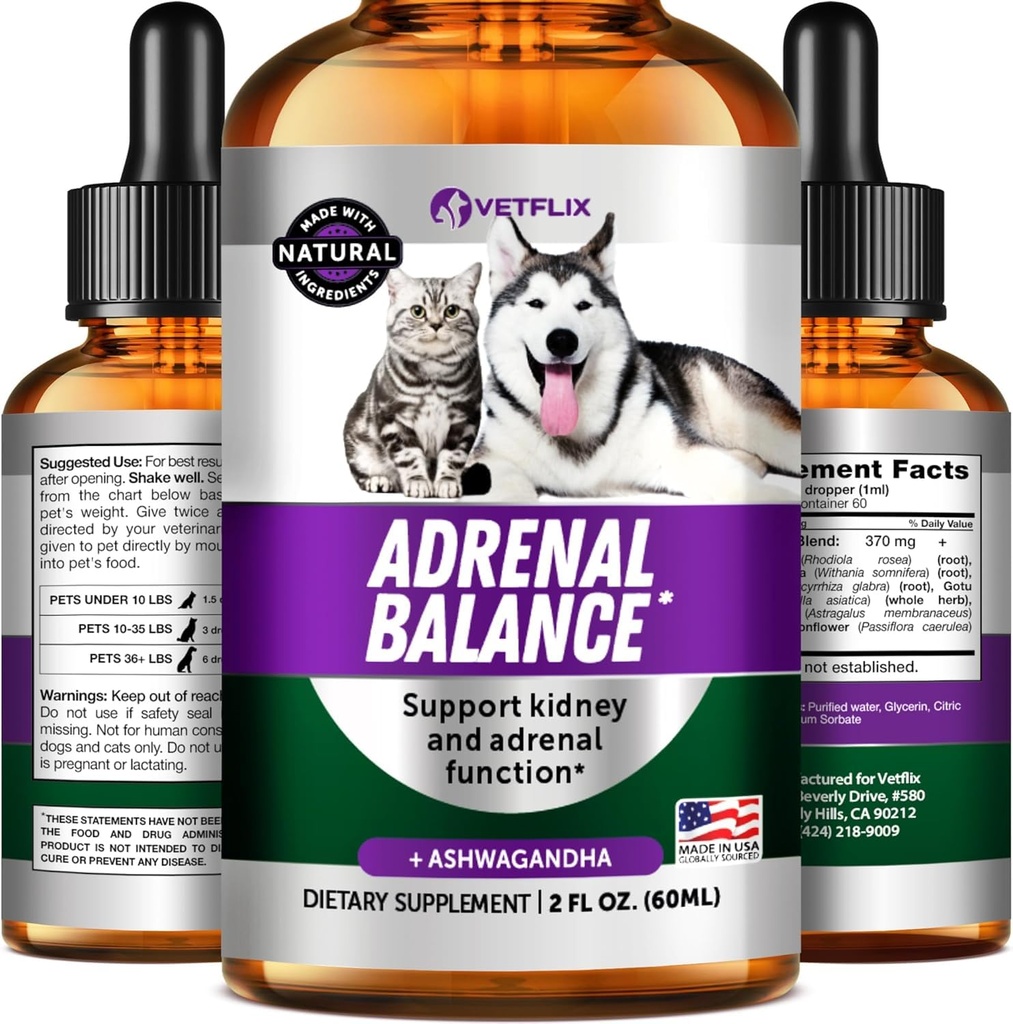 Pet Adrenal Suporte para cães e gatos - Made in USA - Cushings Tratamento para cães - Cat & Dog Suplemento para apoio renal - 2 Fl Oz