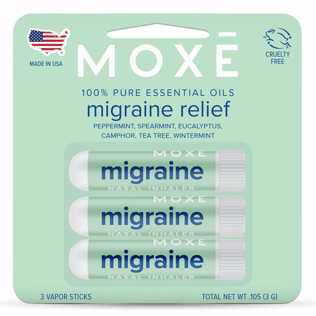 MOXE Migraine Relief Nasal Inhalers, Óleos Essenciais para Cefaleias e Alivio de Tensão, Aromaterapia Portátil, Fácil de Usar, Puro e Undiluted, Menta-pimenta, Spearmint, Eucalyptus, Tea Tree, USA Made, 3 Pack