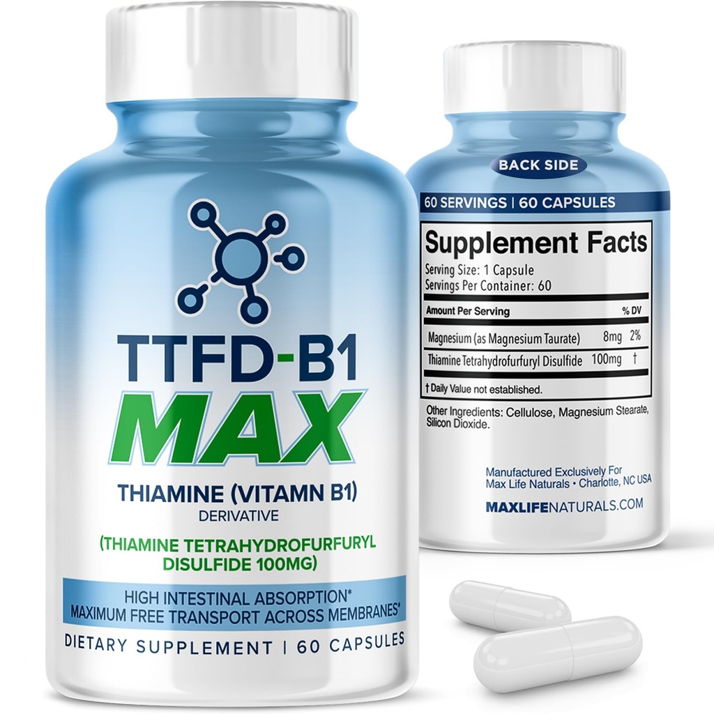 TTFD Thiamine B1 Suplemento 60Capsules Made in USA- Thiamine TTFD Vitamina B1 MAX, Suplemento de alta potência para energia e foco, suporta função de nervos saudável e bem-estar geral por MaxLife Naturals