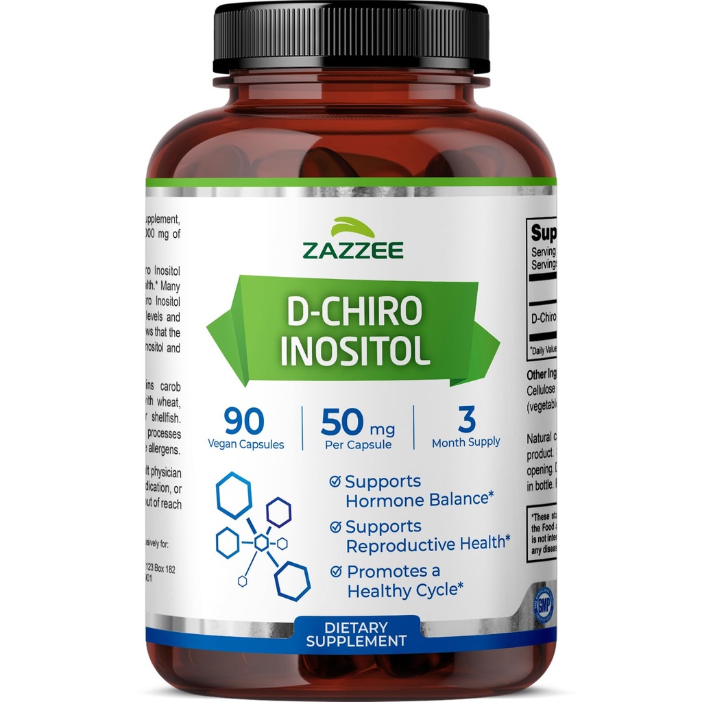 Zazzee D-Chiro-Inositol, 50 mg por cápsula, 90 Cápsulas Vegan, Posologia Ideal para 40:1 Relação com Myo-Inositol, Fornecimento de 3 meses, 100% vegetariano, Não-GMO