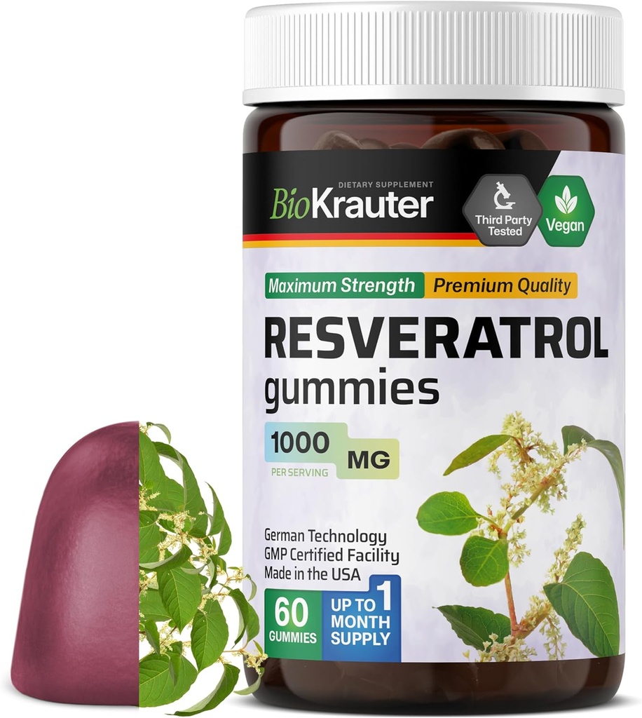 BIO KRAUTER Resveratrol Gummies - 1000 mg de força - 60 Vegan Chews - 98% Pure Trans Resveratrol Suplemento - Apoio antioxidante