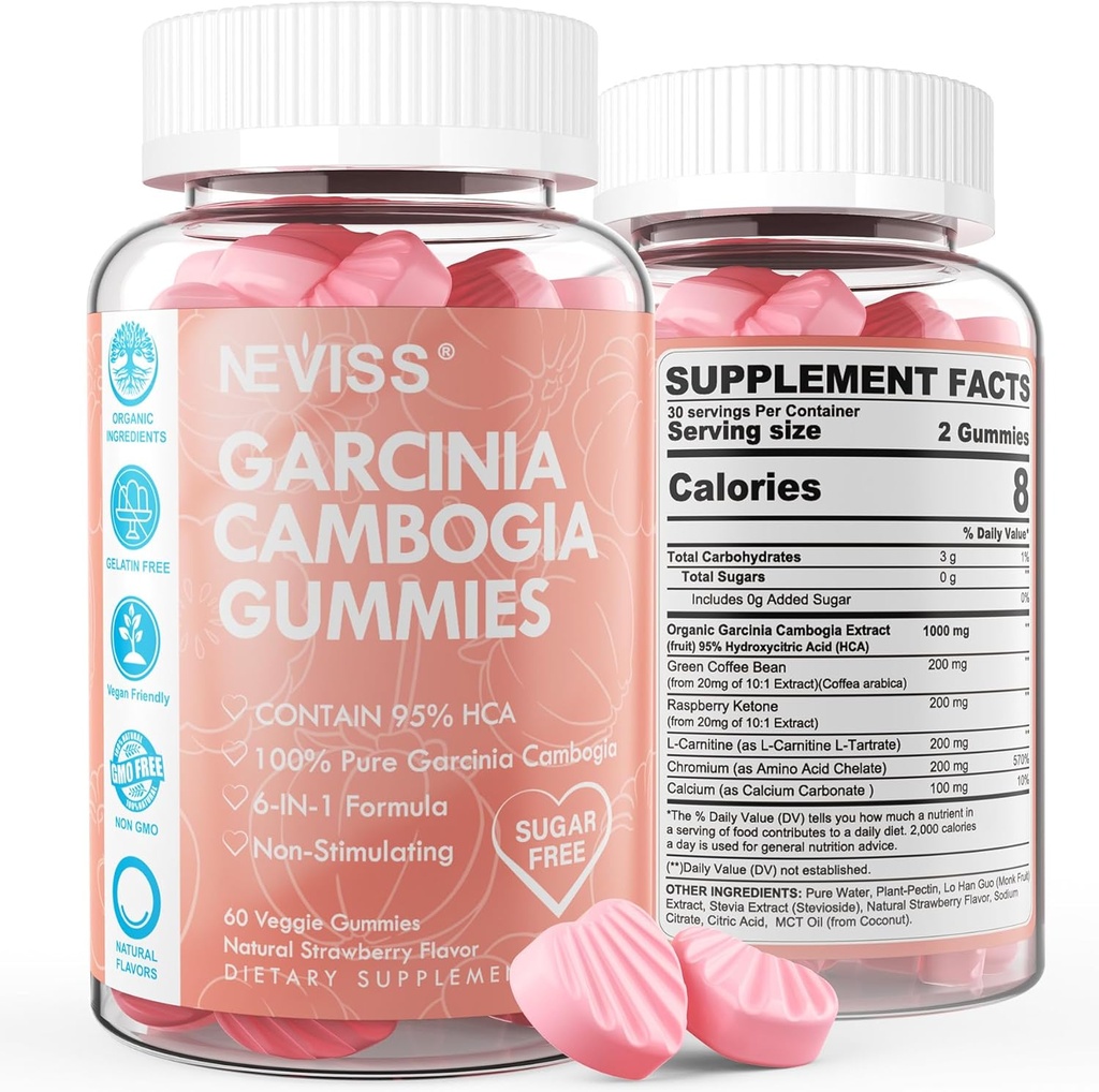 Açúcar grátis Garcinia Cambogia Gummies 1000mg 95% HCA com L-Carnitina, Framboesa cetona, Chromium, Verde Coffee Bean para Metabolismo, Energia Boost, Extrato 100% orgânico, Vegan, Morango Flavor 120 Cts