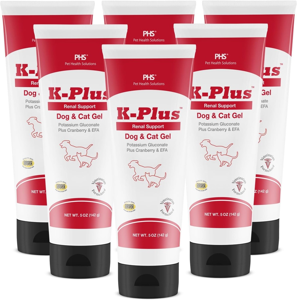 K-Plus Gluconato de potássio Renal Gel Plus Cranberry e EPA para cães e gatos - Veterinária Aprovado Suplemento Renal - Suporta Balanço de Potássio - (6 Pack, Gel)