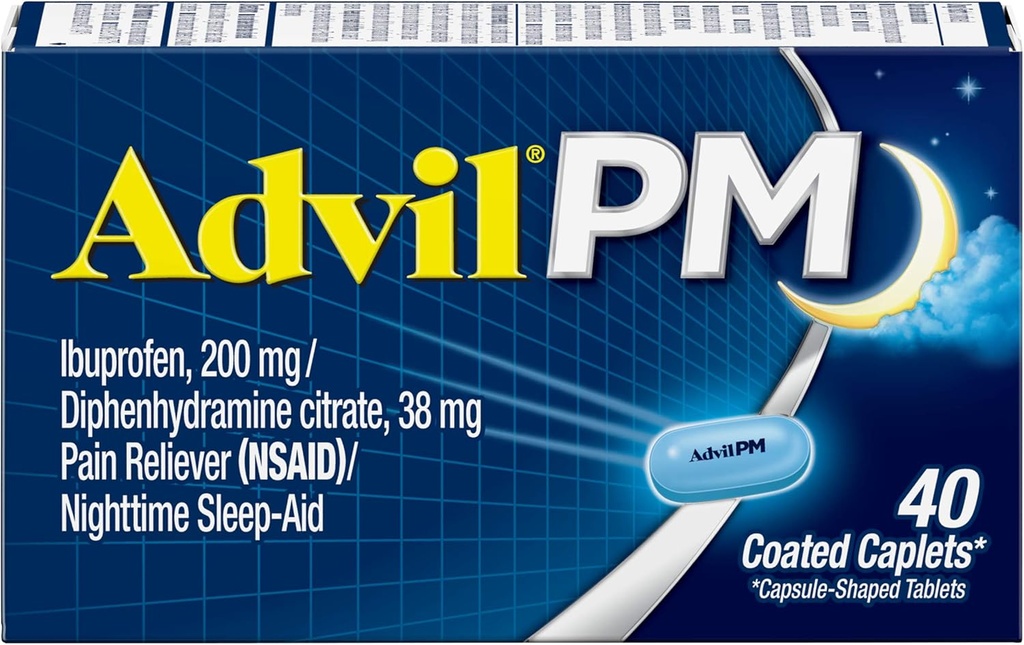 Advil PM (40 Count, Pack of 2) Pain Reliever / Nighttime Sleep Aid Coated Caplet, 200mg Ibuprofeno e 38mg Citrato de Difenidramina