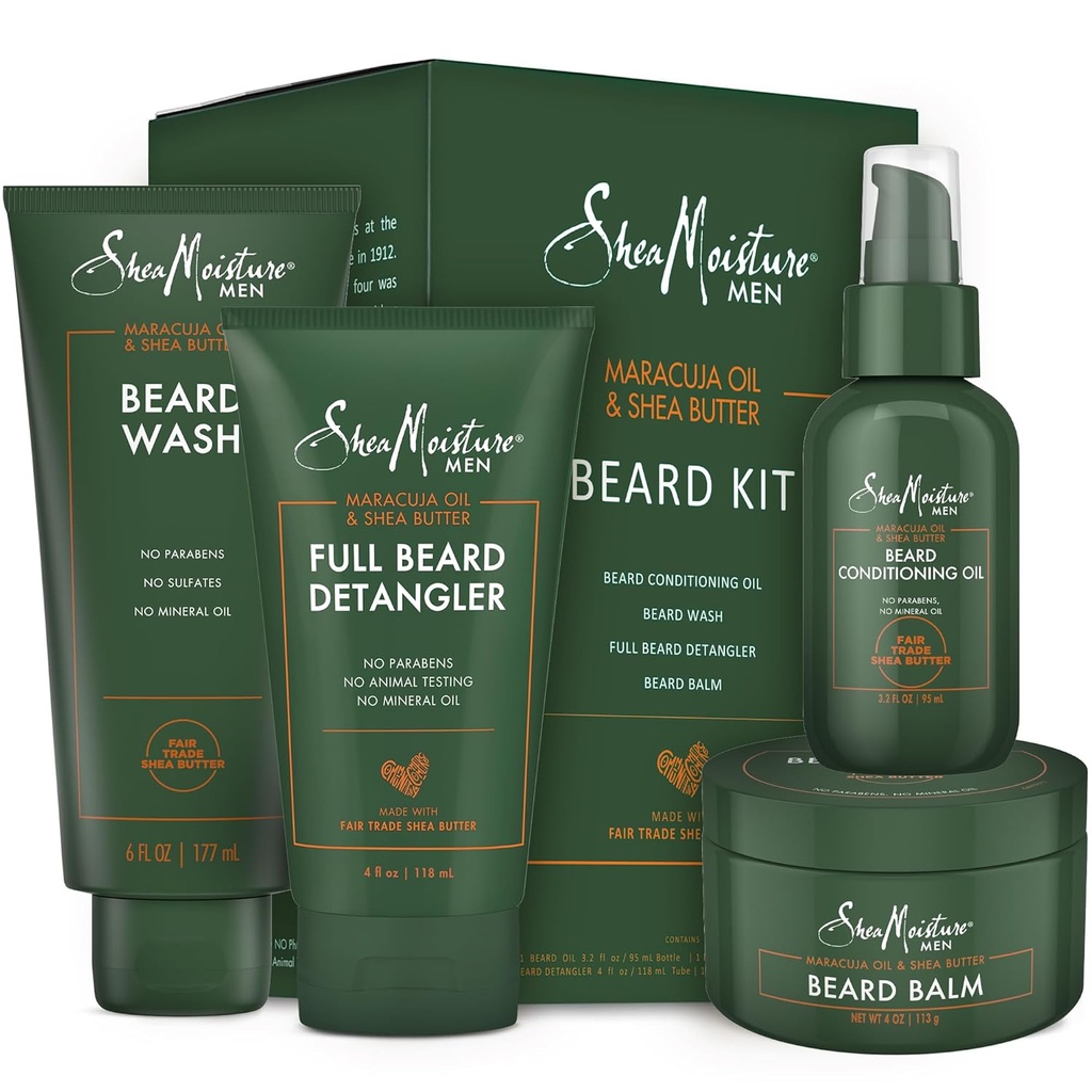 Kit SheaMoisture Beard-Care para homens, inclui lavagem, bálsamo, óleo, condicionador, manteiga de karité natural e óleo de Maracuja, grande presente