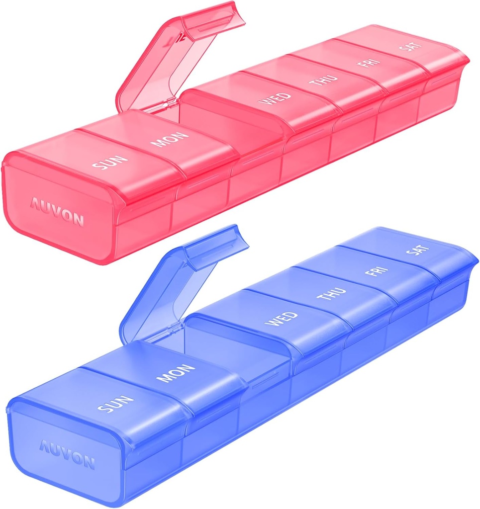 AUVON 2 Embalagem Organizador de comprimidos semanal, dupla cor grande caixa de comprimidos para rastreamento de múltiplos comprimidos, caixa de comprimidos 7 dias para viagem, recipiente de pílulas para uso doméstico para segurar vitaminas, suplementos, medicamentos