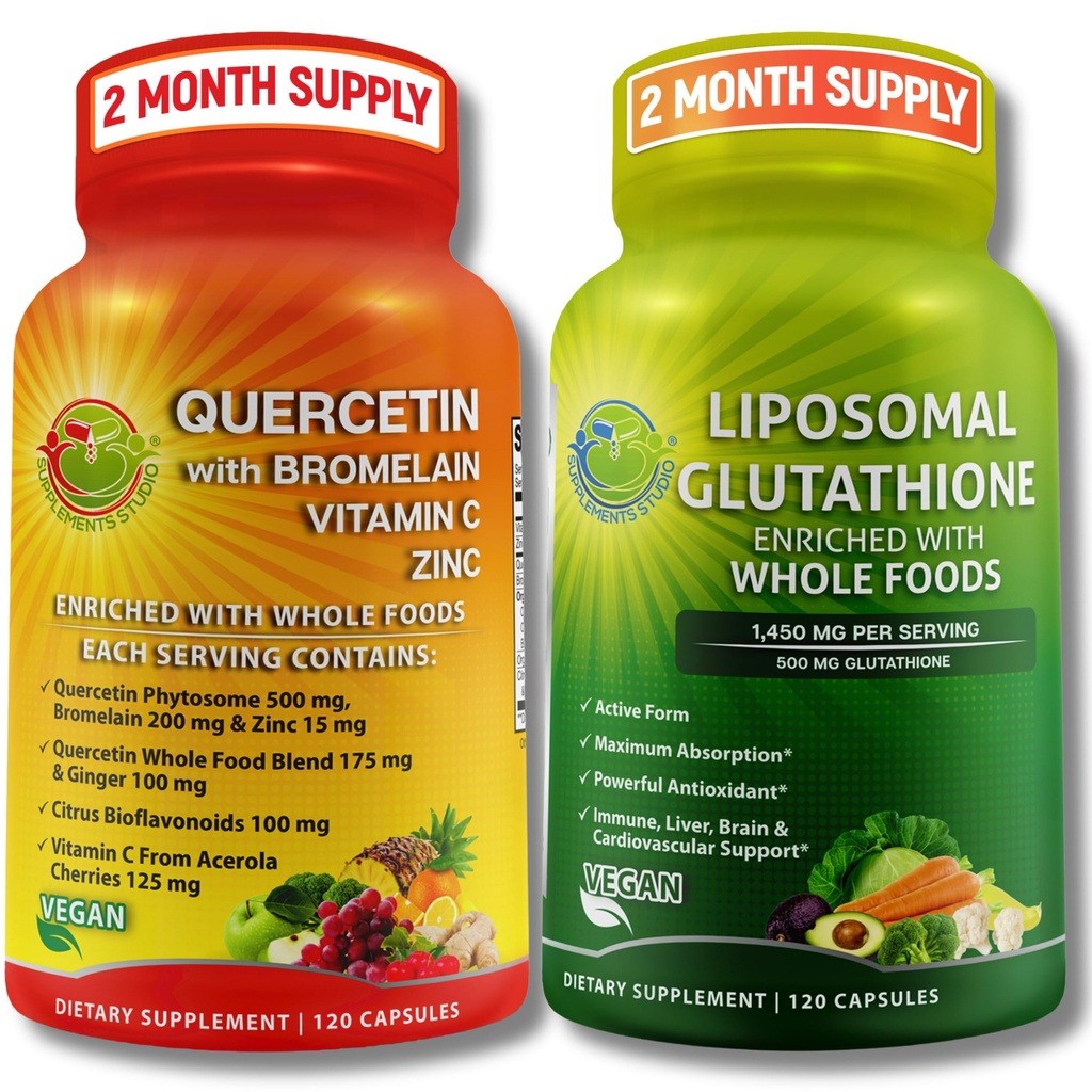 Imune & Cellular Suporte Bundle – Glutationa lipossomal 500mg com alimentos inteiros e Quercetin com bromelaína, vitamina C, e Zinco Complexo Alimentar inteiro – Vegan, Não-GMO, Clean Daily Wellness Support