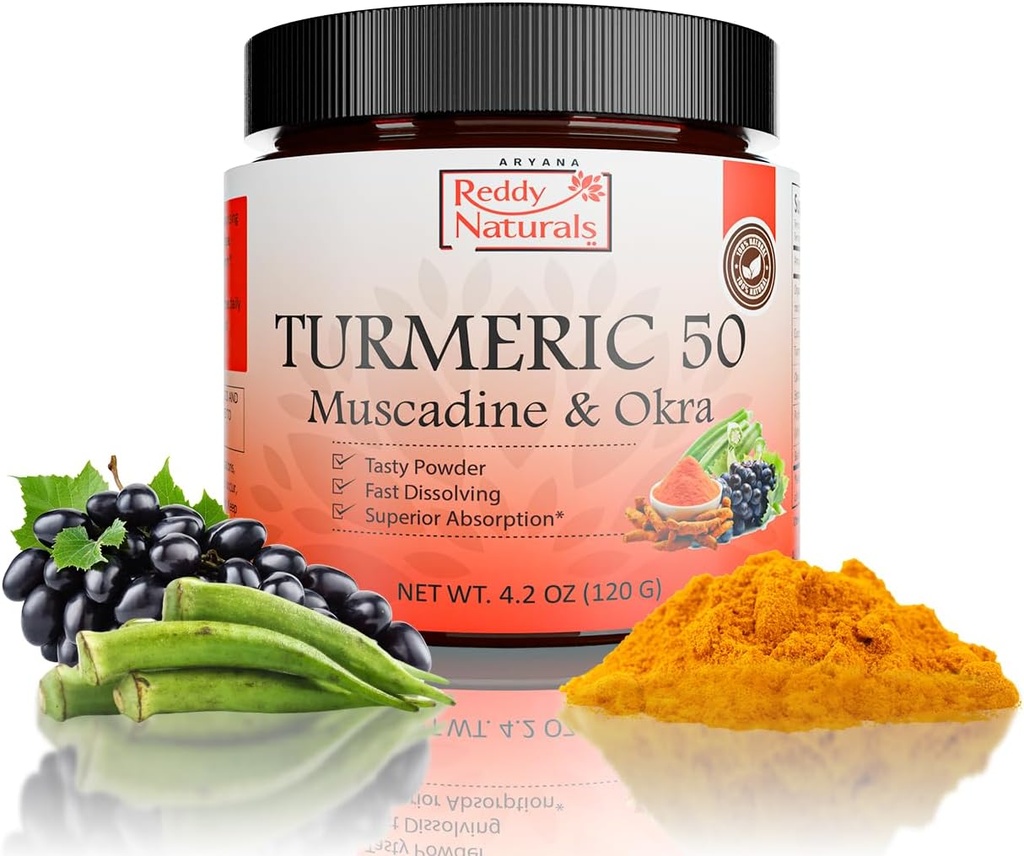 Reddy Naturals Aryana Turmeric 50 – Supplement Organic Turmeric Powder with Muscadine Grape & Quilate – Fórmula rápida de dissolução, baseada em plantas para o bem-estar diário – 30 Servings