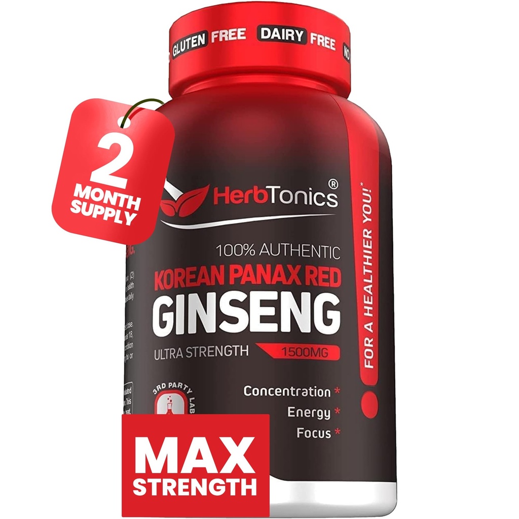 Herbtonics coreano vermelho Panax Ginseng 1500mg - Suplemento de energia para o desempenho de pico, foco e vitalidade - alta potência Ginseng raiz Extrato - 120 Cápsulas Vegan