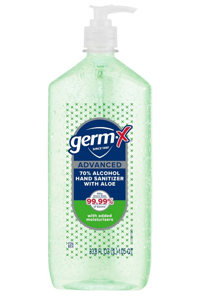 Germ-X Higienizador avançado de mão com Aloe e vitamina E, Gel hidratante não-seca, fórmula instantânea e sem lavagem, garrafa de bomba, de volta à escola suprimentos, 1 litro