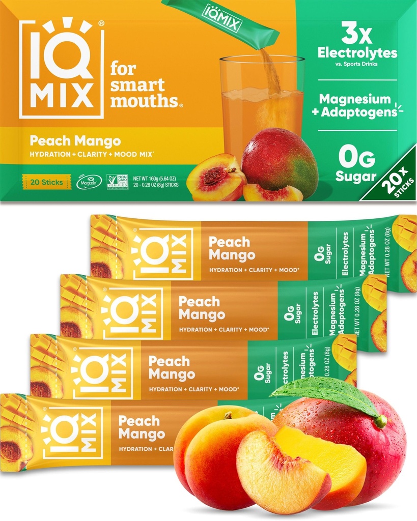 IQMIX Hydration Electrolyte Powder – Fórmula 4-em-1 para hidratação, clareza mental, humor e recuperação – Mistura de bebida sem açúcar, Keto, Magnésio L-treonato, Mane Leão – 20 Conde Mango de pêssego