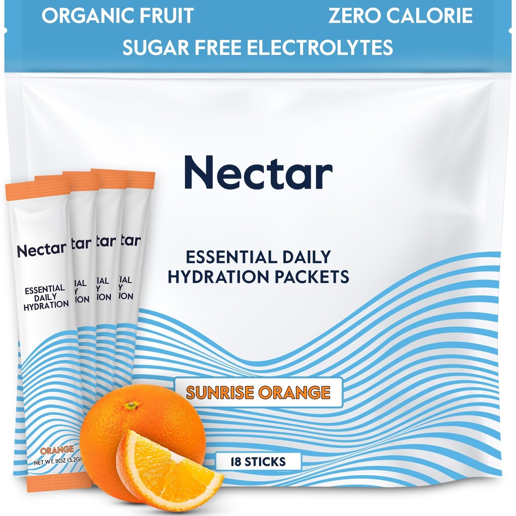 Pacotes de Hidratação Néctar - Eletrólitos em Pó - Sem Açúcar ou Calorias - Eletrólitos líquidos de fruta orgânica diariamente IV Pó para Alivio de Desidratação e Reidratação Rápida (Pacote 18 Laranja)