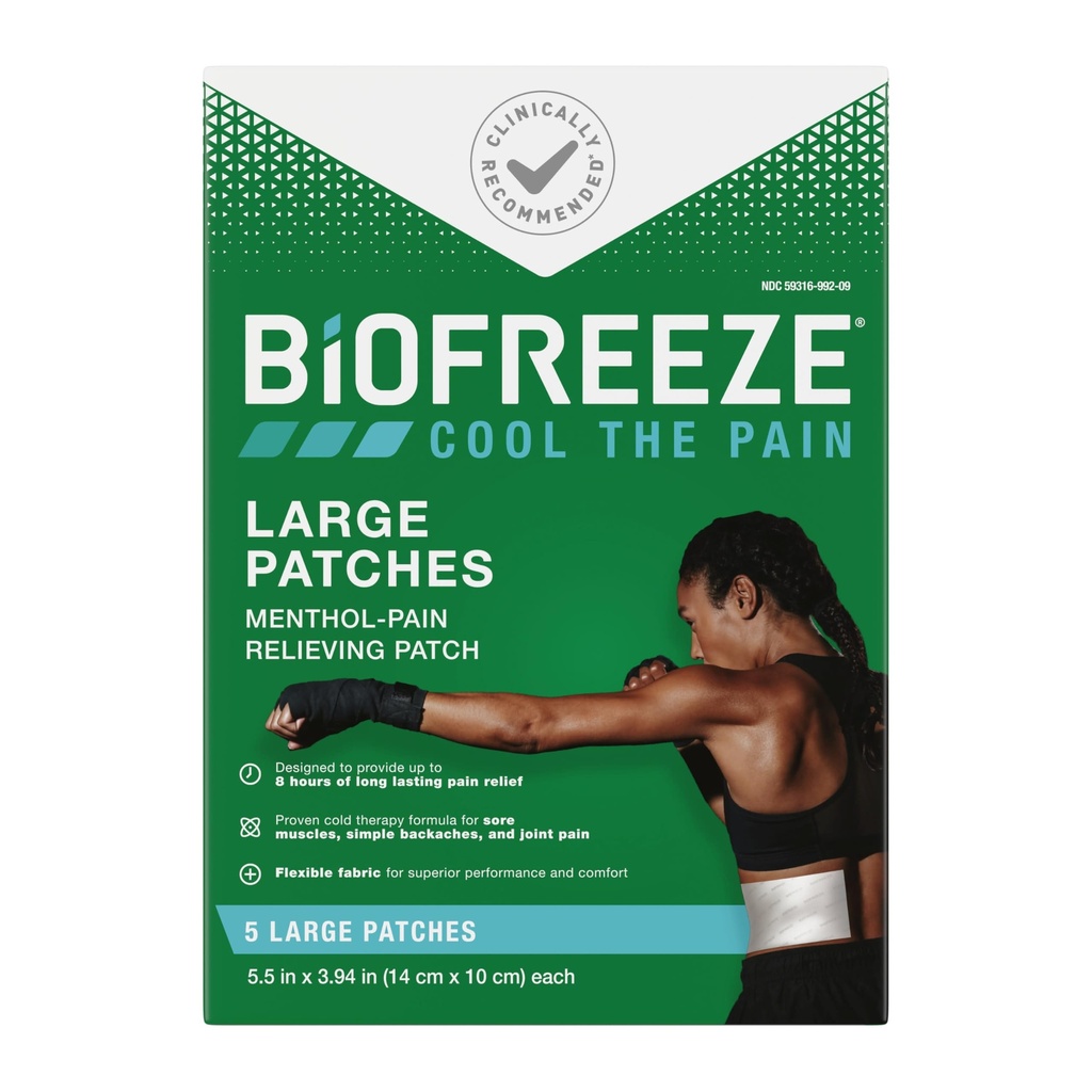 Biocongele grandes patches de alívio da dor, patches de dor mentol para as costas inferiores, pescoço, joelho, e ombro, tecido confortável e flexível permanece no lugar, FSA elegível, 5 ct