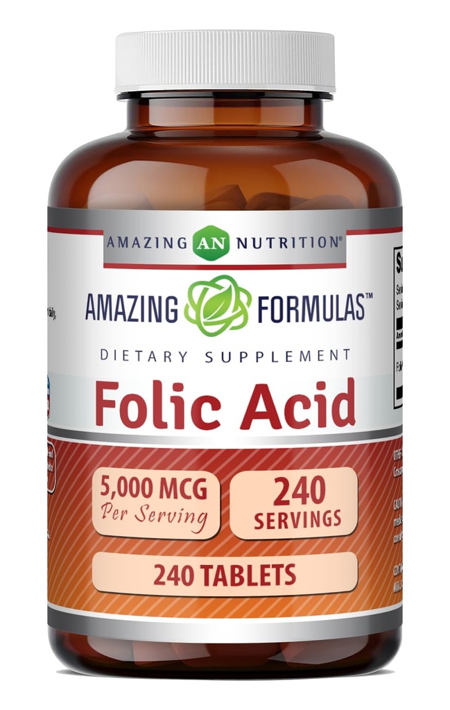 Fórmulas surpreendentes Suplemento de ácido fólico 5000 Mcg Tablets Não-GMO Sem Glúten