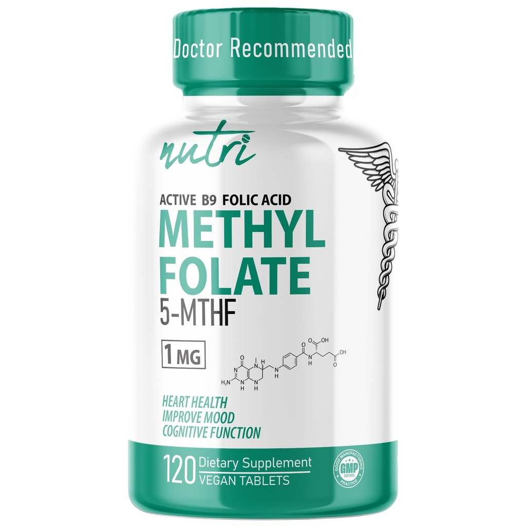 Nutri 5-MTHF L Metilfolato 1MG - 4 Mês de Abastecimento, 120 Tablets Vegan - Suplemento de Folato Metilado - Função cognitiva, Saúde do coração, Apoio Pré-natal - 3o Partido Testado - NSF Certified Facility