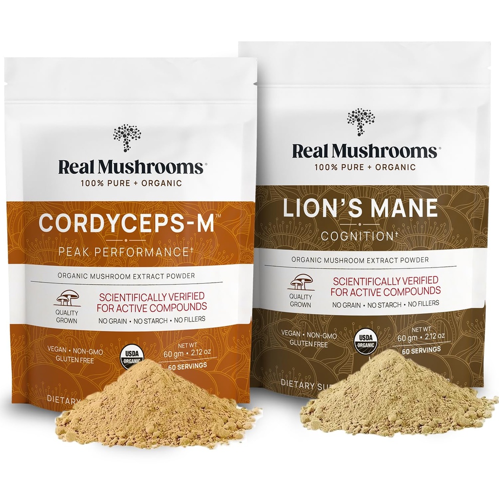 Leões Mane (60g) e Cordyceps (60g) Cogumelo Extrair pacote em pó - Cogumelo Suplemento para Cognição, Energia e Endurance
