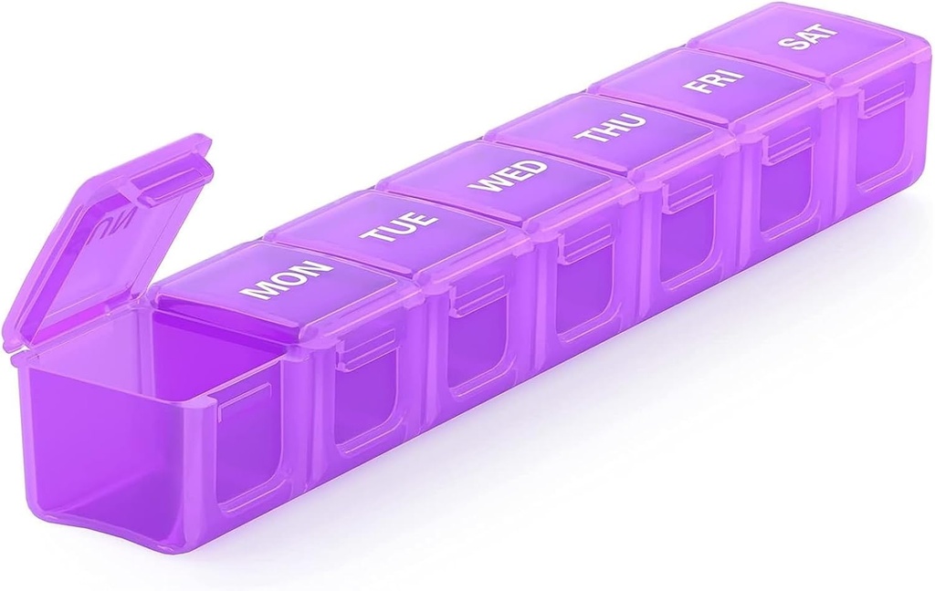 Sukuos Extra grande organizador semanal de pílulas, 7 dias caixa diária de pílulas caso Artrite amigável, Silkscreen impresso medicamento recipiente com tampa clara para vitaminas, óleo de peixe ou suplementos (Purple)