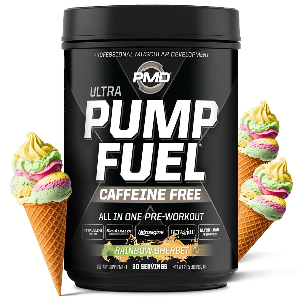 PMD Sports Pump Fuel Ultra Caffeine Free - Bomba de pó e músculo pré-treino Premium, maior foco, resistência e recuperação, Creatina Premium, Arginina e Beta Alanine - Rainbow Sherbet (30 Servings)