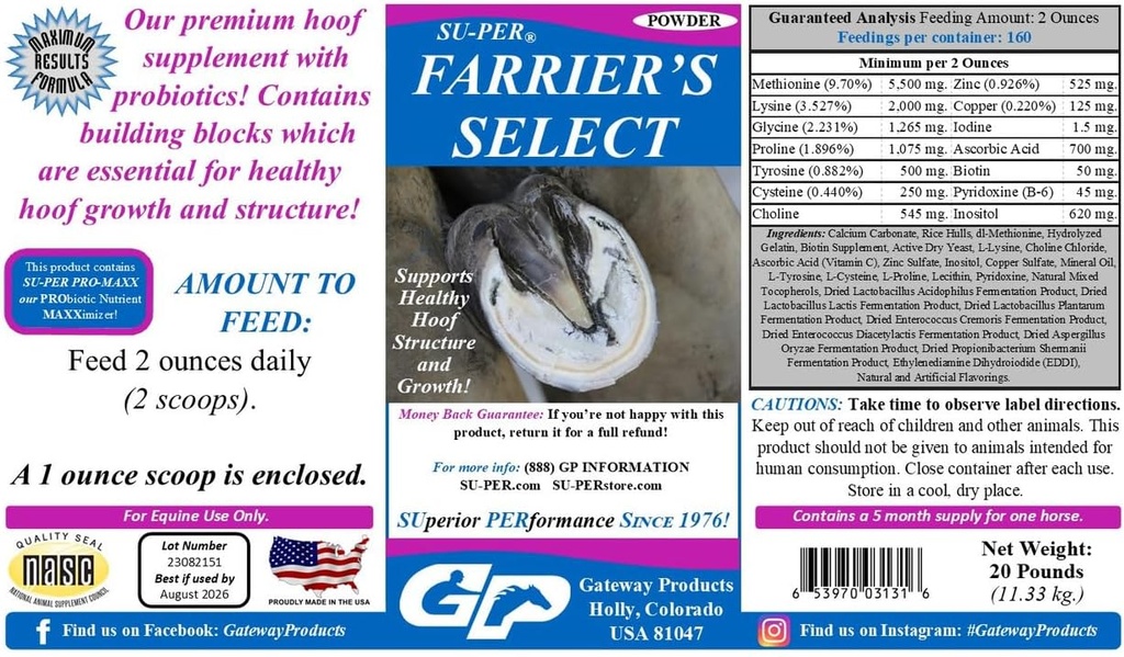 SU-PER Farrier's Select Hoof Supplement - Horse Premium Hoof Care Supplement with Probiotics - Healthy Hoof Growth - 20 libras, 5 meses de fornecimento