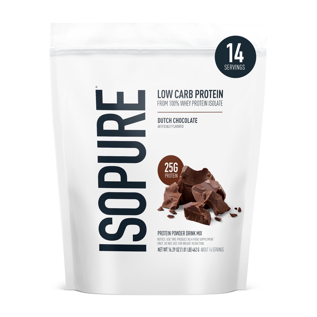 Isopure Baixo carboidrato 100% Puro Whey Isolate Protein Powder, Lactose Free, Gluten Free, With Vitaminas, Dutch Chocolate, 25g Protein Per Serving, 1 Lb, 14 Servings (Packaging May Vary)