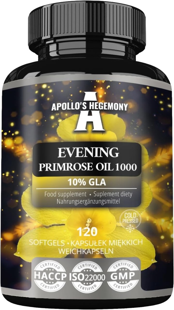 APOLLO'S HEGEMONY Evening Primrose Oil 1000 mg com vitamina E - Contém 100 mg de ácido GLA - 120 cápsulas de Softgel - 4 meses de fornecimento - Suplemento de dieta para apoiar equilíbrio hormonal e saúde da pele