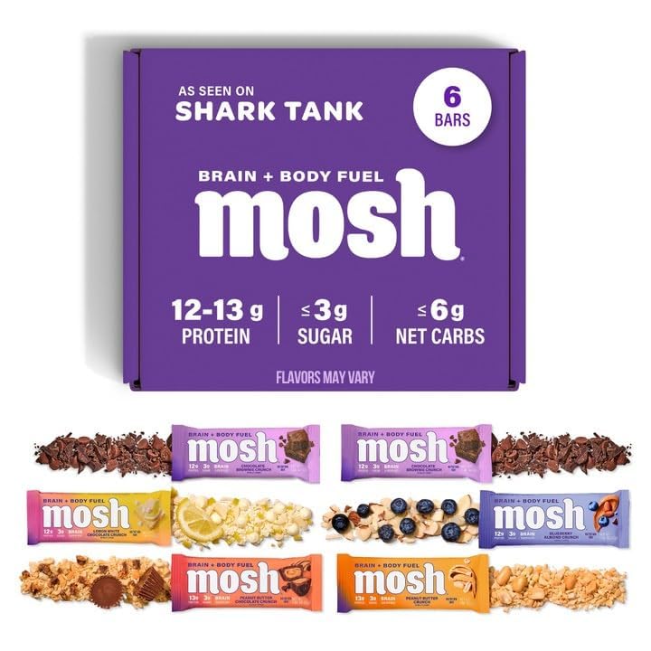 Mosh Variety Pack Keto Protein Bars, alta fibra, baixo carboidrato, sem glúten, alta proteína, cérebro saudável lanche com Ashwagandha, Mane do leão, 6 contagem