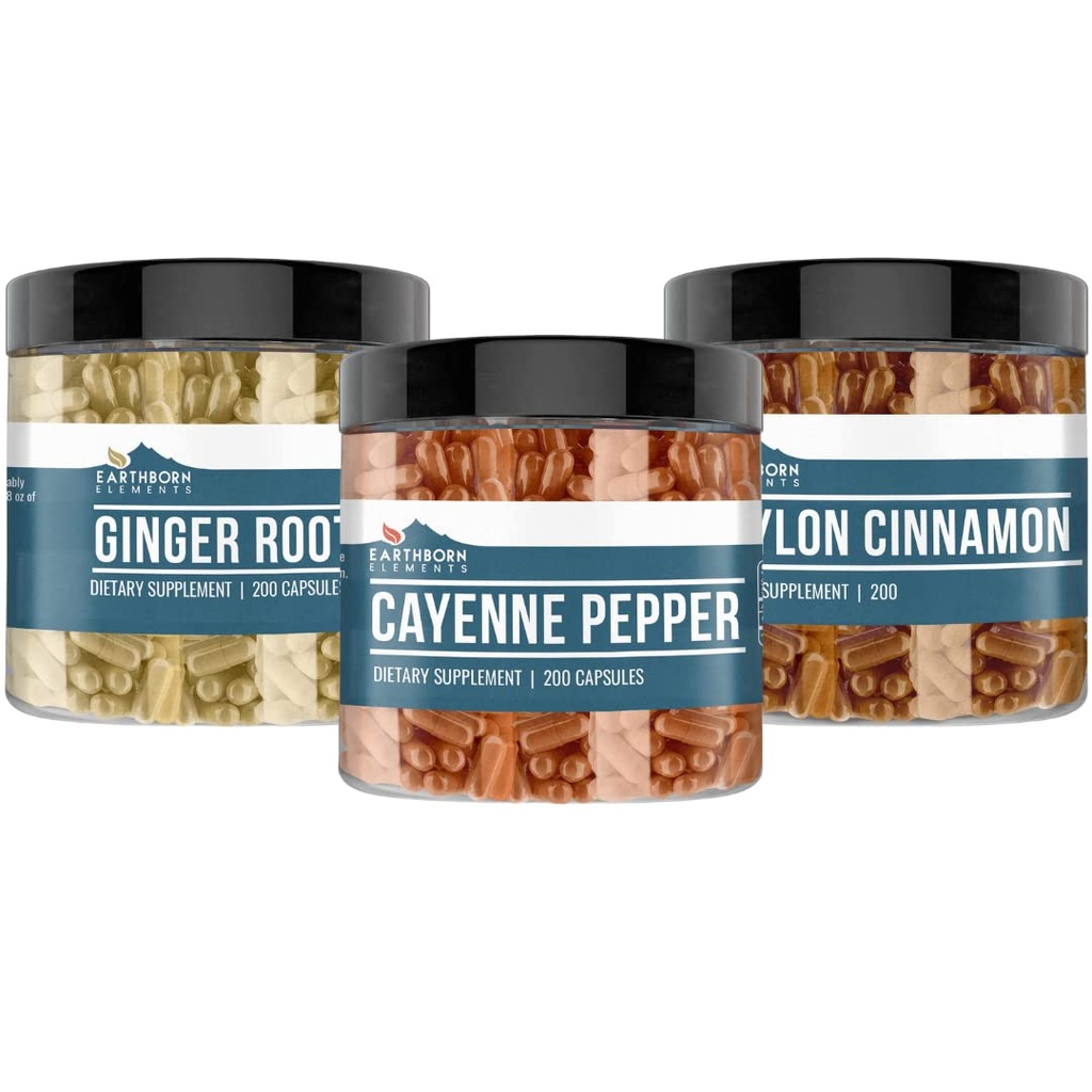 Elementos nascidos na Terra Cayenne Pimenta, Ceilão Canela e Ginger Root Bundle (200 Cápsulas Cada), Puro e não diluído, Sem aditivos