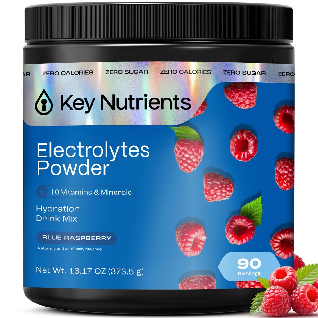 KEY NUTRIENTS Multivitamin Electrolytes Powder No Sugar - Sweet Blue Framboesa Electrolyte Powder - Endurance & Energy Supplement - Hydration Powder - No Calories - 90 Servings - Made in USA