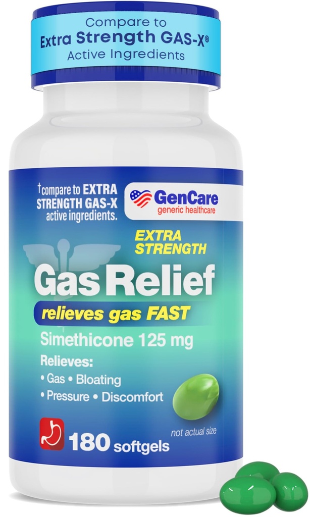 GenCare -Força extra de alívio de gás Simethicone 125mg (180 Softgels) Pílulas de anti-gás de força máxima para alívio de enchimento, pressão e desconforto - Compare com Gás de força extra genérico X
