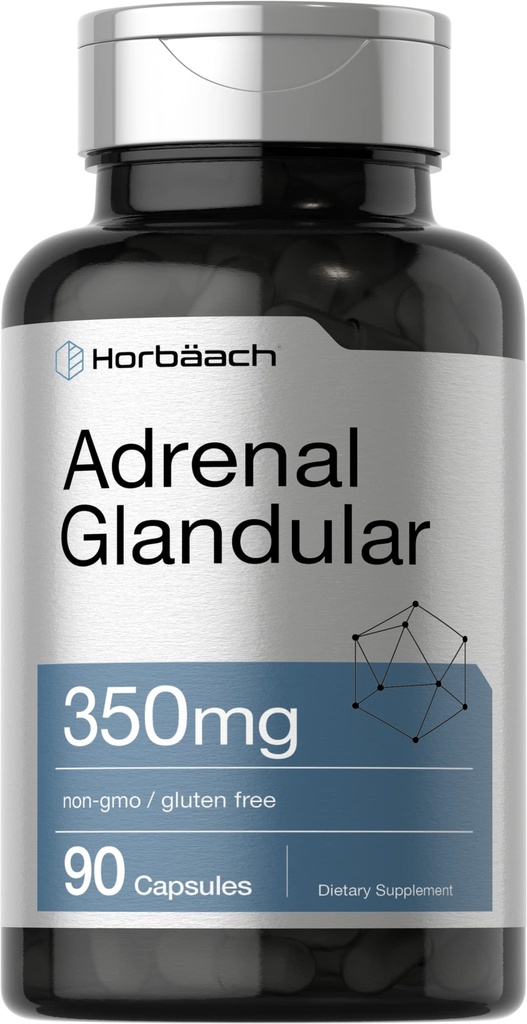 Horbäach Raw Adrenal Glandular □ 350 mg / 90 Cápsulas Não- OGM, Suplemento sem glúten