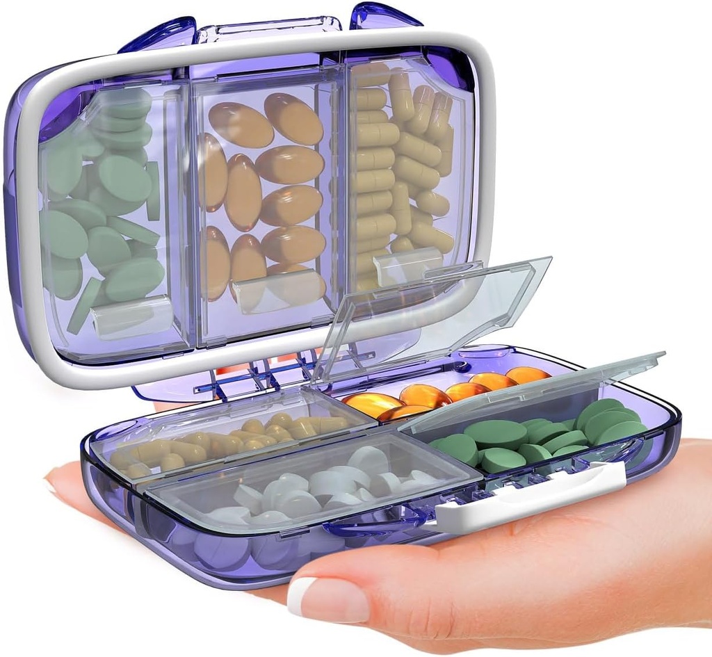 Organizador de comprimidos de viagem - Moisture Proof Portable Vitamina Holder com 7 compartimentos, Compact Supplement Case for Purse Essential Medicine Kit fot Traveling Pocket Pharmacy with Labels, Purple