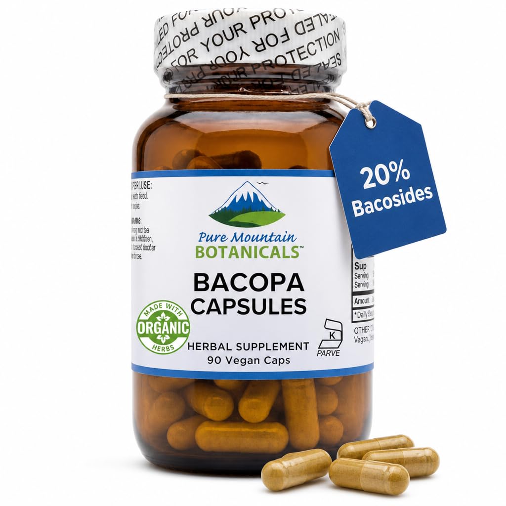 Pure Mountain Botanicals Bacopa Monnieri Cápsulas - Vegan Caps com Bacopa orgânica & Suplemento de Extrato Bacopa padronizado