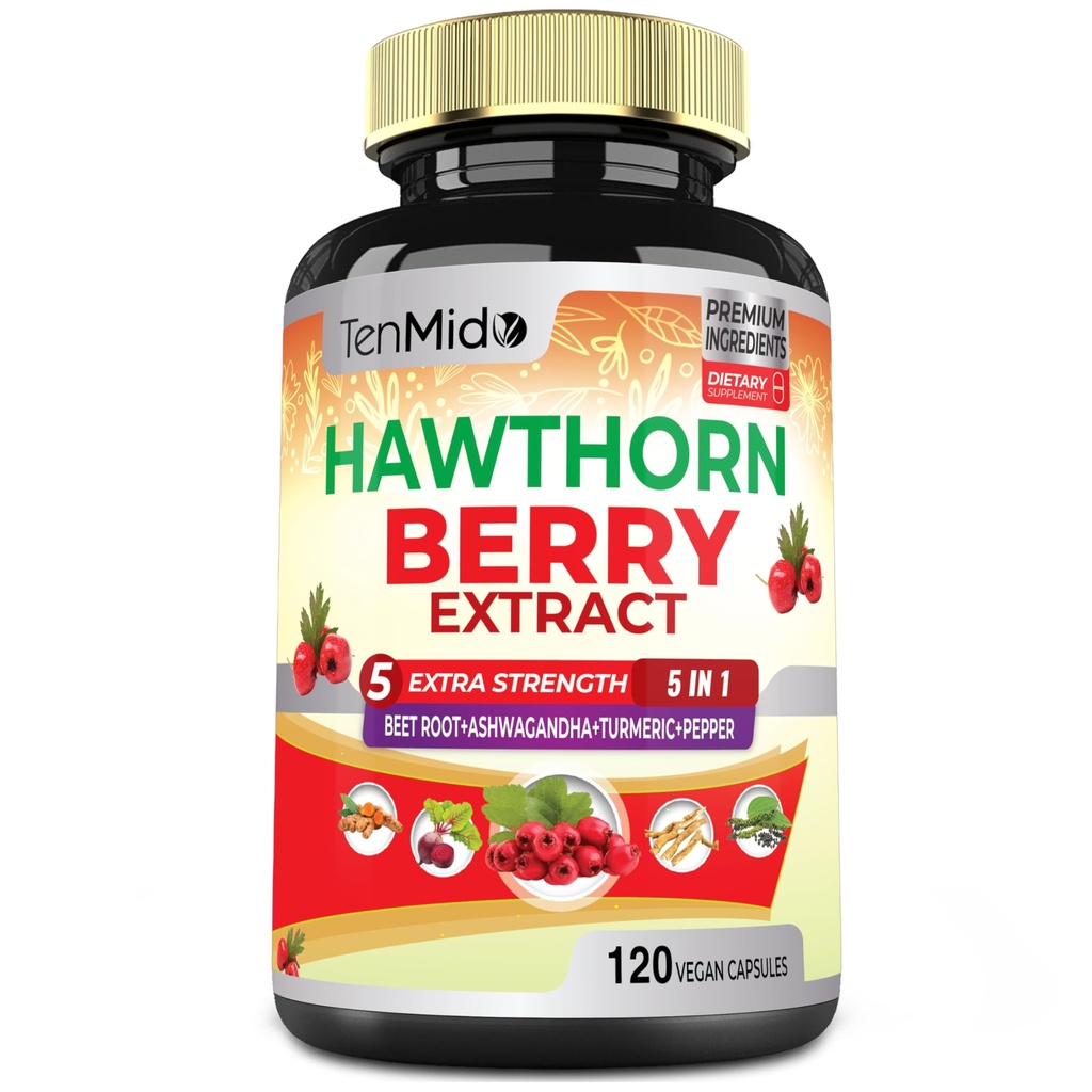 Hawthorn Berry Supplement Extract Cápsulas - 120 Cápsulas Veganas para 4 Meses - Beterraba Combinada Raiz, Ashwagandha, Curcumina Açafrão e Pimenta Preta