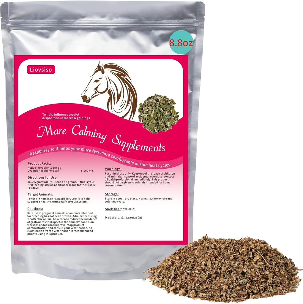 8.8 oz Horse Calming Supplement - Natural Framboesa Folha Facilidades Ansiedade e Desconforto em Moody Mares, Acalma Durante Ciclos de Calor - Adequado para Geldings também