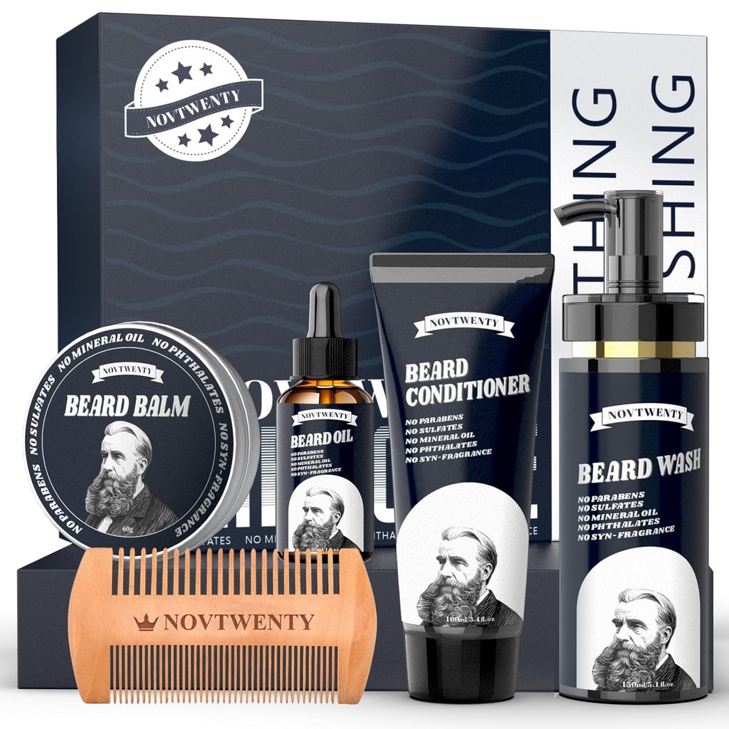 Kit de crescimento de barba - Mobiuty Kit de cuidados de barba masculina com ingredientes naturais, inclui lavagem de barba, óleo de barba, condicionador de barba, bálsamo de barba e pente de barba, conjunto de presentes para pais marido namorado