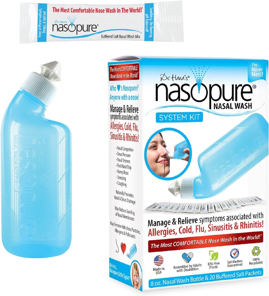 Nasopure Nasal Wash, Kit de Sistema, “O melhor Neti Pot” Kit de Lavagem de Sinus, confortável Nasal Rinse 8 Oz garrafa e 20 pacotes de sal (3.75 gramas cada), Congestão nasal, frio, gripe, alergia, irrigação nasal