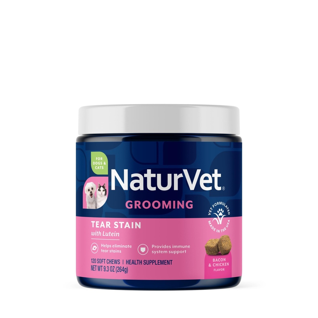 NaturVet Lutein Tear Stain Suplementos para cães e gatos – previne manchas de lágrimas para cães, raças de gatos – inclui Oregon Root uva, Marshmallow Root, Cranberry Extract – 120 Ct.