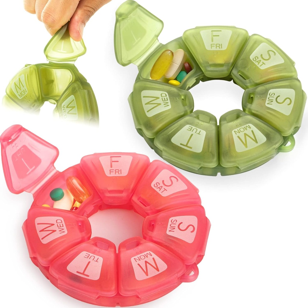 Organizador de comprimidos redondo semanal, TPU Borrachado, recipiente de pílulas de viagem 7 dias, com 7 grandes compartimentos, ótimo para vitaminas & suplementos diários, caixa de pílulas bonito com letras grandes e braile (2 pcs)
