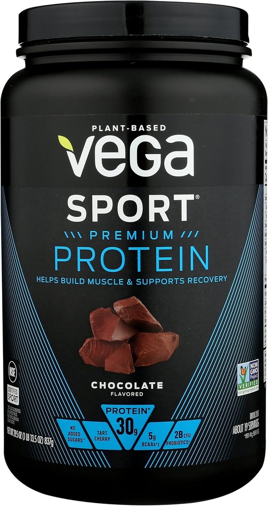 Vega Sport Premium Protein Powder, Chocolate, Vegan, 30g Proteína Baseada em Planta, 5g BCAAs, Baixo Carbo, Sem Açúcar, Keto, Leite Livre, Sem Glúten e Não-GMO, Proteína de Ervilha para Mulheres e Homens, 29.5 Oz