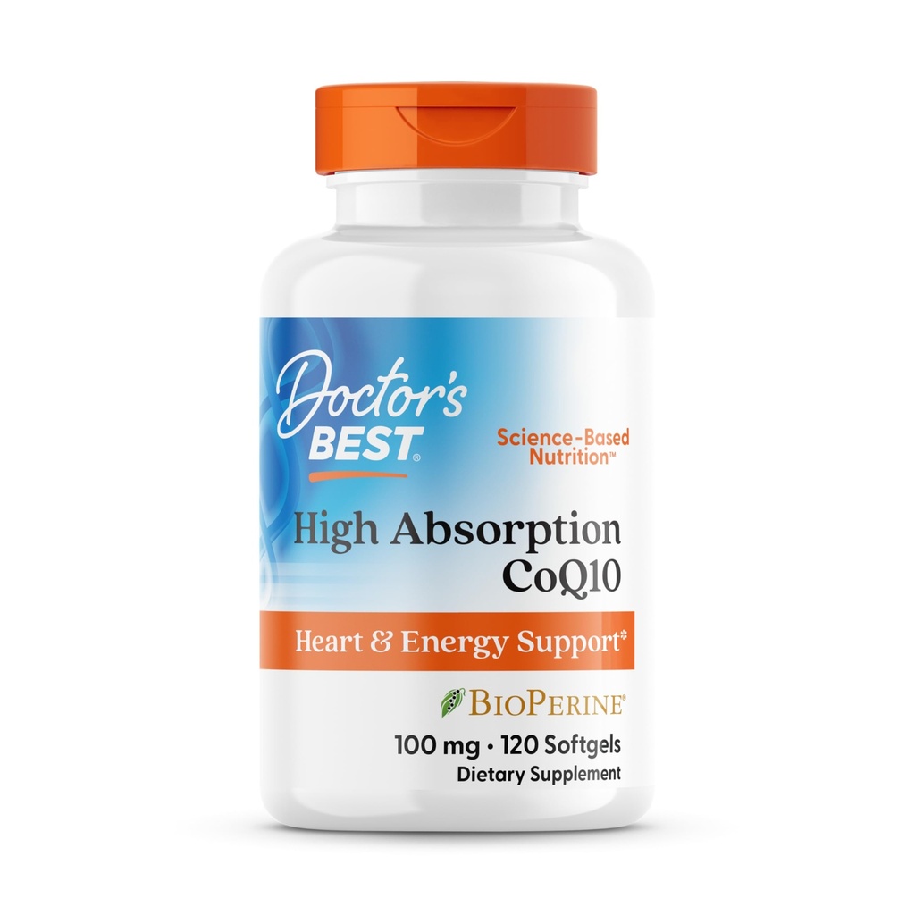 Melhor CoQ10 de alta absorção do médico com bioperino, sem glúten, naturalmente fermentado, saúde do coração, produção de energia, 100 mg, 120 contagem