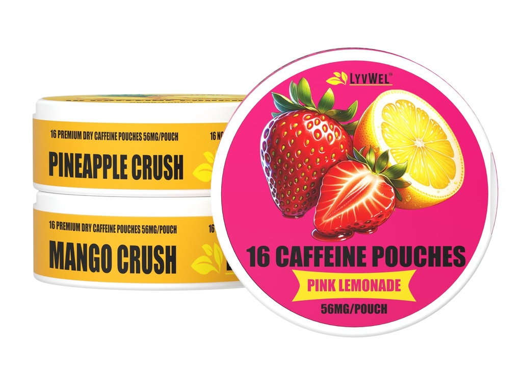 LyvWel 56mg Caffeine Energy Pouches – Limonada rosa, esmagamento de abacaxi, esmagamento de manga – Energia Limpa Fruta & Foco Boost com Guaraná – 3-Pack Sampler (48 Total Pouches)